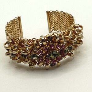 Vintage Gold Tone Mesh Cuff Bracelet Multi Color Rhinestone Floral Statement